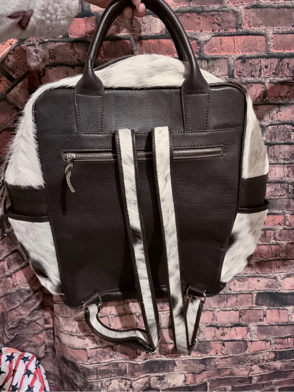 Cowhide Leather Backpack - Brown & White